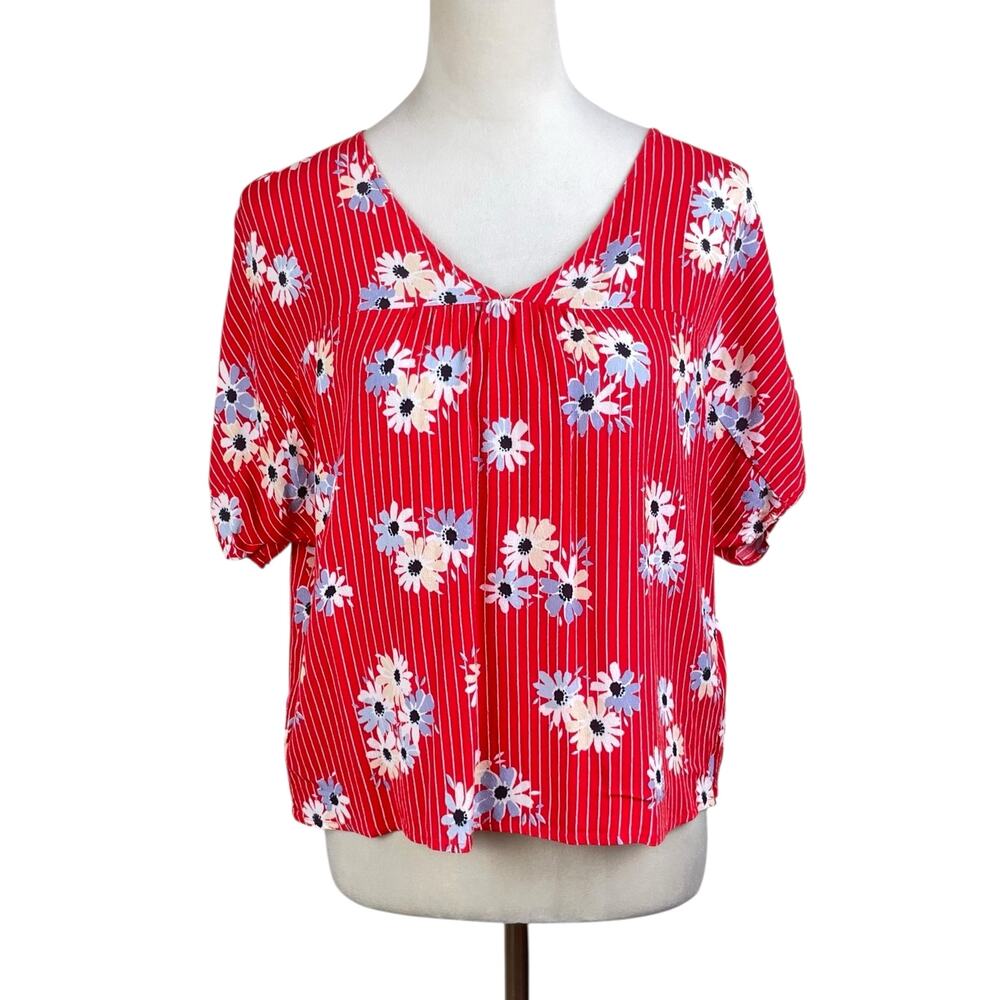 Madewell Rhyme Top in Daisy Society Red Floral & Stripe Print Casual Shirt - Picture 4 of 13